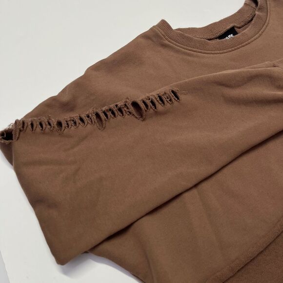 Nude Brand Brown Distressed Crop Top Long Sleeve Sweater, Nude Ripped Crop 470 - Picture 3 of 7